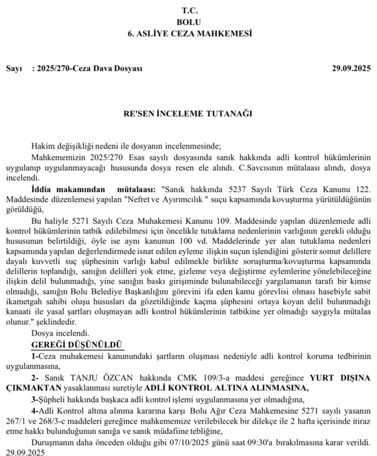Bolu Belediye Başkanı Tanju Özcan, adli kontrol kararına ilişkin açıklama paylaştı