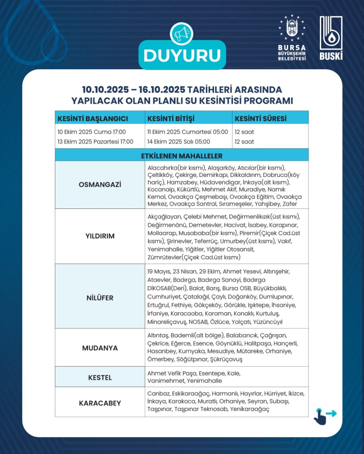 Su Tasarrufu İçin Planlı Kesinti Bilgisi