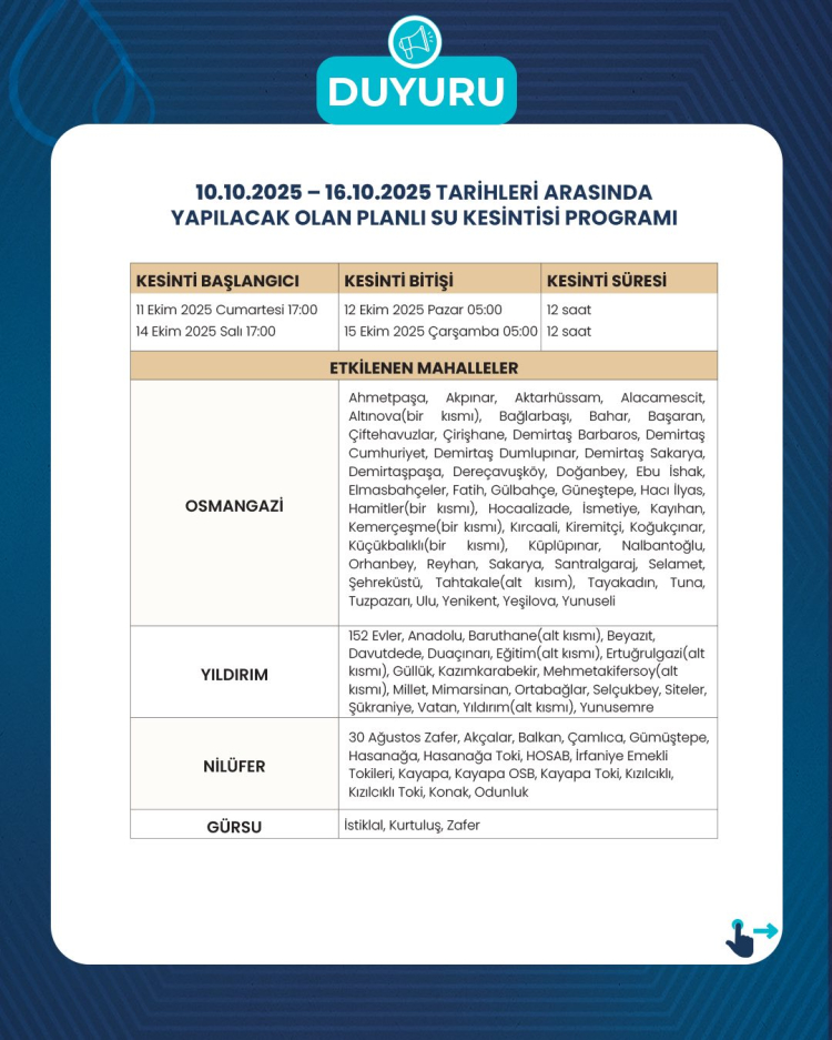 Su Tasarrufu İçin Planlı Kesinti Bilgisi