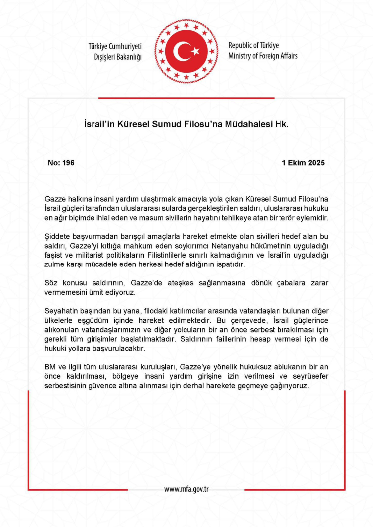 Gazze’ye İnsani Yardım Yolunda Uluslararası Saldırıyla İlgili Dışişleri’nden Net Uyarı