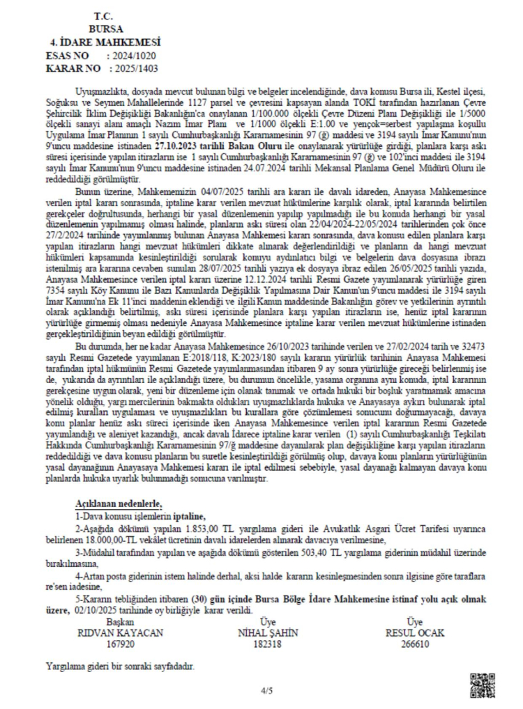 İMO Bursa Kestel Soğuksu Davası Kazandı: Plan İptal!
