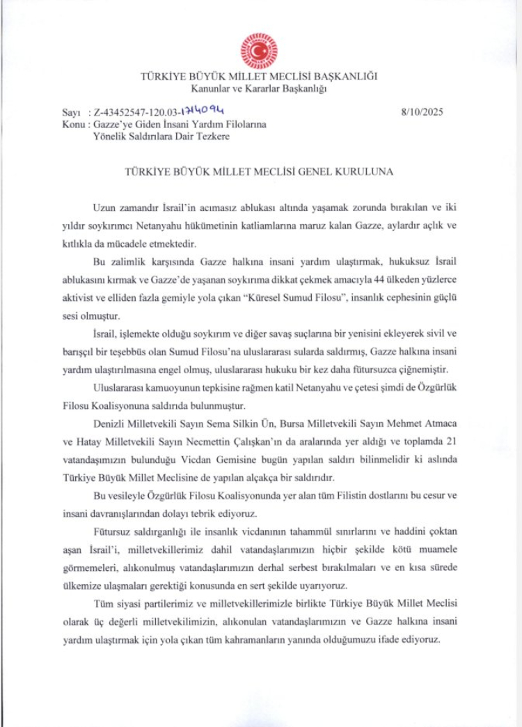 TBMM Genel Kurulu Gazze’ye İnsani Yardım İçin Toplandı