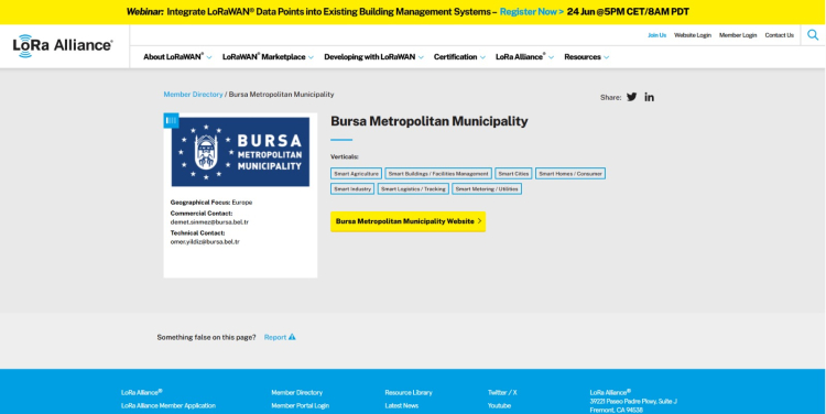 Bursa Büyükşehir LoRa Alliance Üyesi